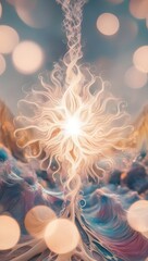 Wall Mural - Radiant energy emanates from a central, sun-like form, with tendrils extending outward in a swirling pattern. Soft, glowing orbs float around this mesmerizing focal point