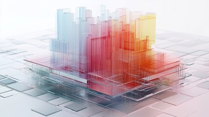Fototapete - A D chart with multiple layers of transparent bars rising from a grid, illustrating complex data trends in a visually striking manner.