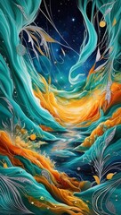 Wall Mural - Swirling ethereal forms and vibrant colors create a celestial scene filled with planets and nebula-like structures. The flowing elements and intense hues convey a sense of movement and cosmic wonder.
