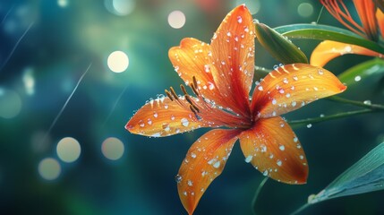 Poster - A beautiful flower with transparent water droplets on its delicate petals, set against a blurred nature background.