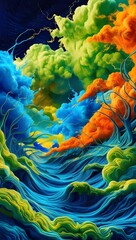 Wall Mural - A vibrant, surreal landscape bursts with swirling colors, depicting an otherworldly scene. Vivid clouds of orange, green, and blue create a fantastical atmosphere, enhanced by twisted forms 