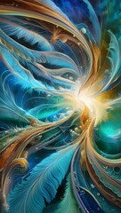 Wall Mural - Swirling patterns of vibrant blues, greens, and golds converge at a bright central point, resembling an explosion of light. The intricate feather-like designs convey a sense of movement and energy