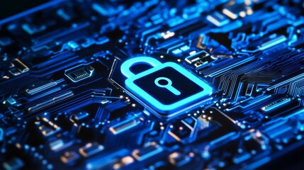Fototapete - A close-up of a laptop with a security lock icon on the screen, symbolizing protection of personal data and cybersecurity.