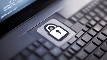 Fototapete - A close-up of a laptop with a security lock icon on the screen, symbolizing protection of personal data and cybersecurity.
