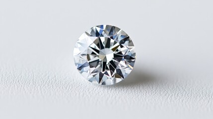 Poster - A close-up of a single sparkling diamond resting on a pristine white background, showcasing its brilliant cut and facets reflecting light.