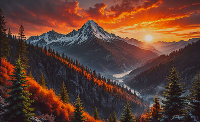Poster - A mountain range with a sunset in the background. The sun is setting behind the mountains, casting a warm glow over the landscape. The trees are green and brown, and the sky is orange and pink. The