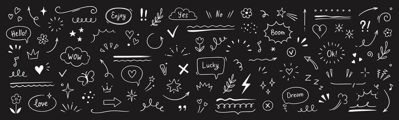Poster - Cute line sketch star, arrow, heart decoration element icon set. Hand drawn sketch doodle cute star, emphasis, flower element. Pen line text decoration shape icon. Chalkboard vector illustration.