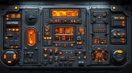 Futuristic Control Panel with Glowing Orange Elements and Details