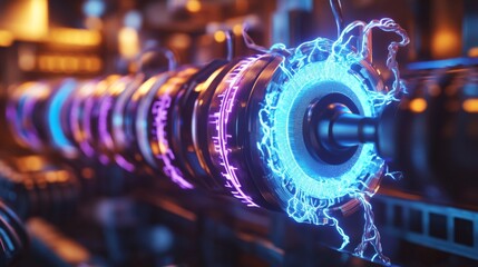 Aufkleber - A close-up view of vibrant electric waves pulsing through cables in a high-tech industrial setting, symbolizing the flow of energy and innovation.