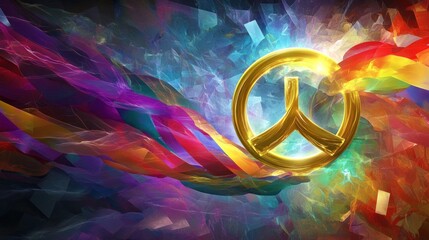 Vibrant abstract design with golden peace symbol amidst colorful energy.