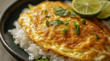 Aufkleber - A detailed close-up of a Thai omelette on rice, capturing the golden brown surface of the egg and the softness of the rice, garnished with a slice of lime.