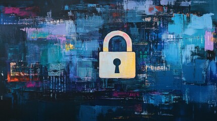 Poster - A digital lock icon on a computer screen displaying sensitive information, emphasizing the importance of cybersecurity.