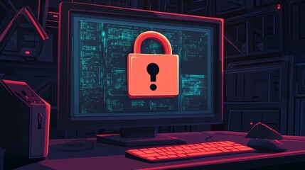 Leinwandbilder - A digital lock with an exclamation mark, symbolizing data theft and unauthorized access, with online crime threats visible on a monitor.