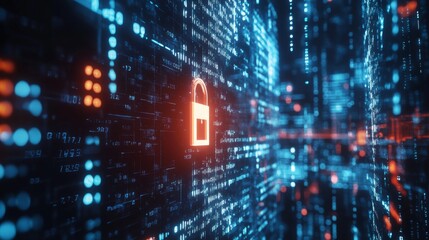 Fototapete - A digital padlock on a computer screen, with binary code in the background, symbolizing online data protection and encryption.