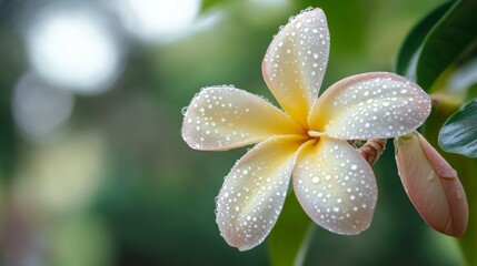 Poster - A fresh bloom with tiny droplets of water on its petals, set against a blurred natural background of lush foliage.