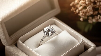 Poster - A large, flawless diamond resting in a cushioned white box, perfect for luxury and proposal themes.