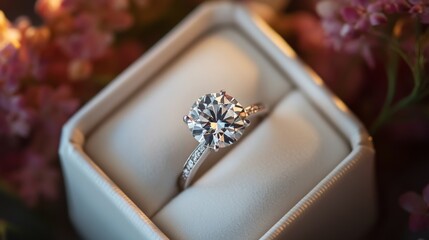 Poster - a large, flawless diamond resting in a cushioned white box, perfect for luxury and proposal themes.