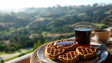 Elegant Valentine breakfast setup with heart-shaped waffles, syrup and coffee on a balcony overlooking a scenic landscape