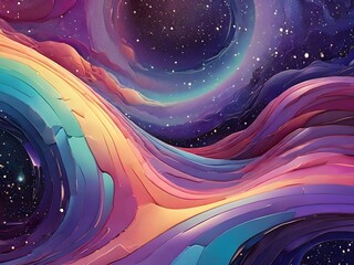 Wall Mural - A vibrant swirl of colors flows across the scene, blending purples, pinks, and blues in a galaxy-like pattern. Stars sprinkle the colorful bands, adding a sense of depth and cosmic wonder.
