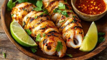 Wall Mural - A plate of freshly grilled squid with smoky grill marks, garnished with lime wedges and chili dipping sauce, placed on a wooden table.