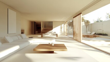 Poster - A simple yet elegant minimalist living room with a white sofa, wooden coffee table, and open space, featuring natural light from large windows.