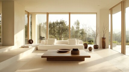 Poster - A simple yet elegant minimalist living room with a white sofa, wooden coffee table, and open space, featuring natural light from large windows.