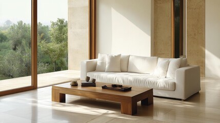 Poster - A simple yet elegant minimalist living room with a white sofa, wooden coffee table, and open space, featuring natural light from large windows.