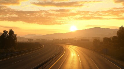 Poster - A smooth, empty motorway at sunrise, with golden light reflecting off the asphalt and distant mountains.