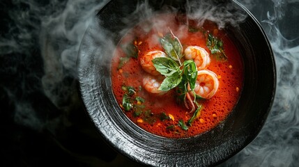 Wall Mural - A steaming bowl of Tom Yum Goong photographed from above, with rich red broth, fresh shrimp, and Thai herbs creating a vibrant and appetizing scene.