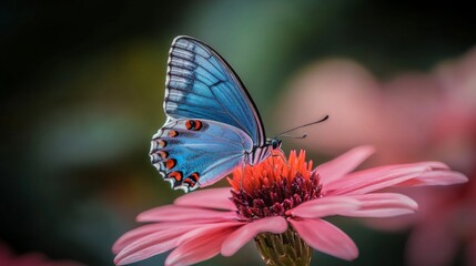 Poster - Blue butterfly perched on a vibrant flower, capturing delicate details, nature concept