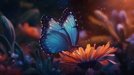 Poster - Blue butterfly perched on a vibrant flower, capturing delicate details, nature concept