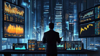 Poster - Businessman analyzing financial graphs on multiple screens, high-tech office environment