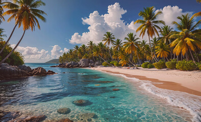 Fototapete - A beautiful beach with palm trees and a clear blue ocean. Scene is peaceful and relaxing