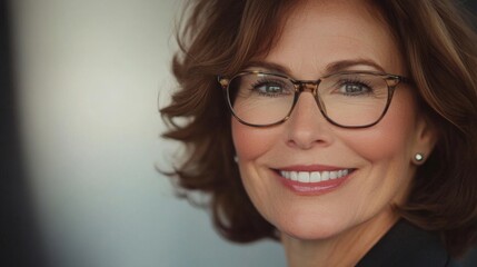Poster - Close-up of a businesswoman with a friendly smile, wearing glasses and a suit, demonstrating clarity and professionalism in a corporate environment.