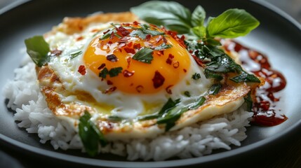 Poster - Close-up of a classic Thai omelette served on white rice, with a drizzle of fish sauce and chili on the side, highlighting the texture and fluffiness of the egg.