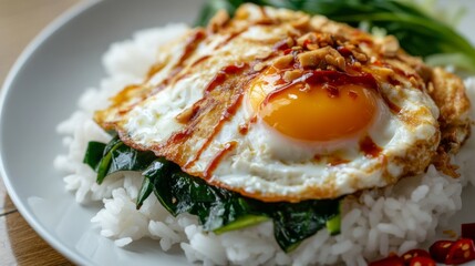Poster - Close-up of a classic Thai omelette served on white rice, with a drizzle of fish sauce and chili on the side, highlighting the texture and fluffiness of the egg.