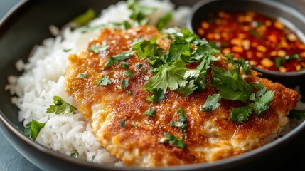 Aufkleber - Close-up of a crispy, fluffy Thai omelette resting on rice, served with a side of spicy sauce and fresh herbs, highlighting the texture and rich flavor.