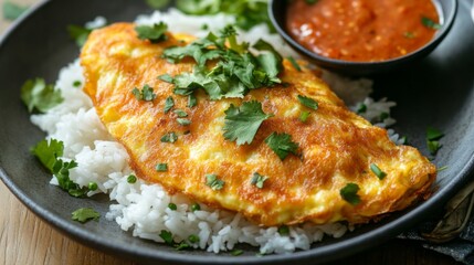 Aufkleber - Close-up of a crispy, fluffy Thai omelette resting on rice, served with a side of spicy sauce and fresh herbs, highlighting the texture and rich flavor.