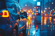 © Design - Nighttime EV charging, city street, rain, urban transport, future mobility