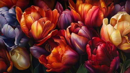 Poster - Close-up view of a cluster of colorful tulips with rich, saturated hues and smooth, velvety petals, capturing their elegance and charm.