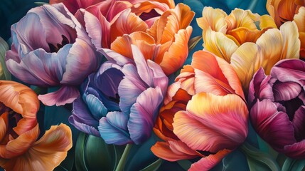 Poster - Close-up view of a cluster of colorful tulips with rich, saturated hues and smooth, velvety petals, capturing their elegance and charm.