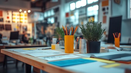 A creative workspace for industrial designers, filled with sketches and prototypes, illustrating the innovation process in product development 
