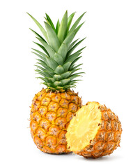 Wall Mural - Pineapple with cut in half isolated on white background.