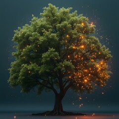 a tree with leaves that display live digital data about the environment around it, constantly shifti