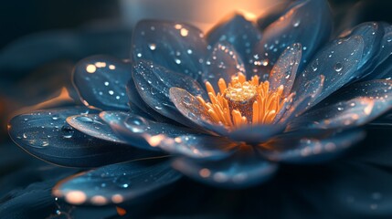 Fototapete - Detailed image of a flower with intricate water droplets on its petals, highlighting the textures and natural beauty of the flower in a serene setting.