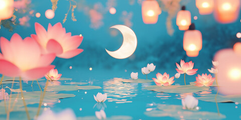 Wall Mural - Crescent moon reflecting in a pool with lotus flowers and glowing lanterns.