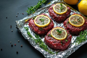 Wall Mural - Delicious seasoned hamburger patties with lemon slices and parsley being cooked on aluminum foil