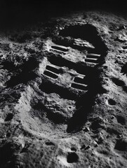 Wall Mural - first step on the moon surface showing a boot print in the grey lunar dust and rock