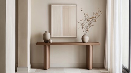 Poster - Detailed view of a minimalistic entryway with a sleek console table, simple decor, and a calm, neutral color scheme, emphasizing the home's clean design.