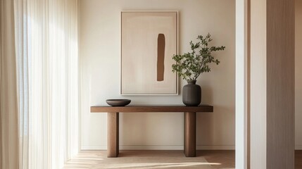 Poster - Detailed view of a minimalistic entryway with a sleek console table, simple decor, and a calm, neutral color scheme, emphasizing the home's clean design.